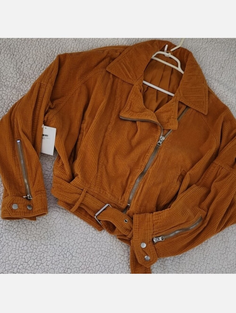 Women's Rust Corduroy Moto Jacket with Belt. The color is actually mustard.